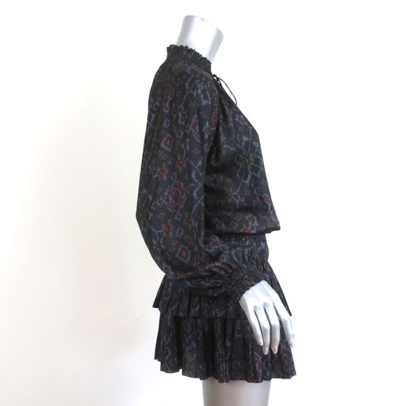 ULLA JOHNSON MINI DRESS PIERA CHARCOAL PRINTED PLEATED SATIN SIZE 2 LONG SLEEVE - Picture 3 of 8